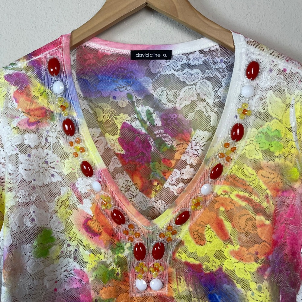 David Cline XL Beaded Lace Floral Resort Long Sleeve Lace Sheer Top Yellow Pink - Picture 2 of 10